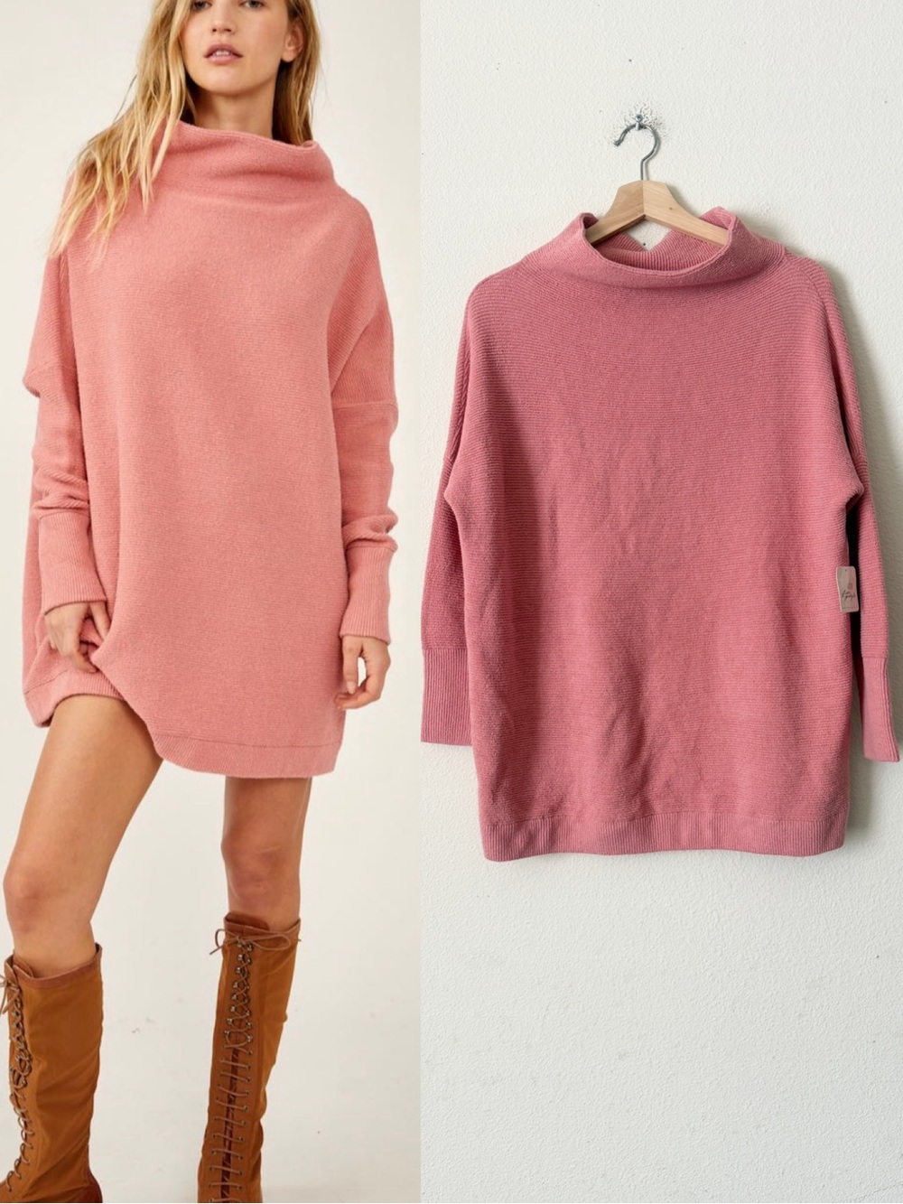 NWT Free People XS Ottoman Slouchy long sleeve ribbed knit tunic in Sun Sand